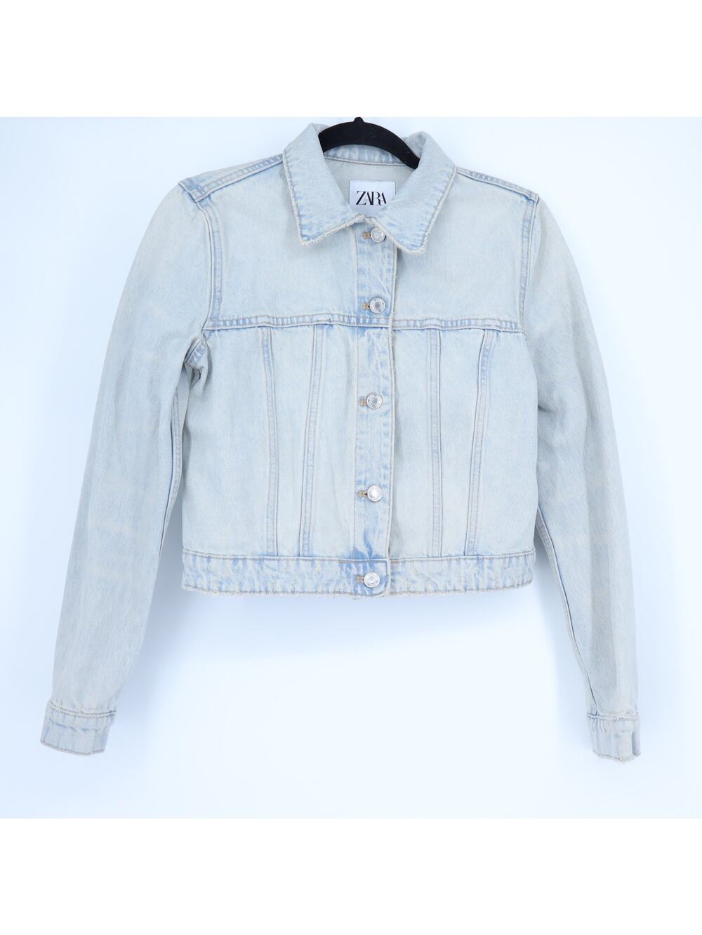 ZARA Corset Denim Jacket Light Wash Blue Distressed Cropped Women's XS